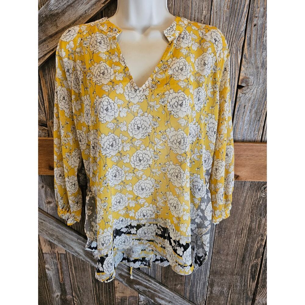 Cabi size small semi Sheer top floral yellow light cinch sides & back whimsical